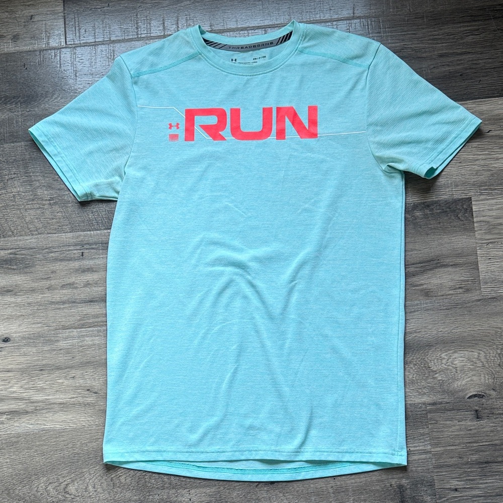 Under Armour Men's Teal RUN T-Shirt with Red Accents